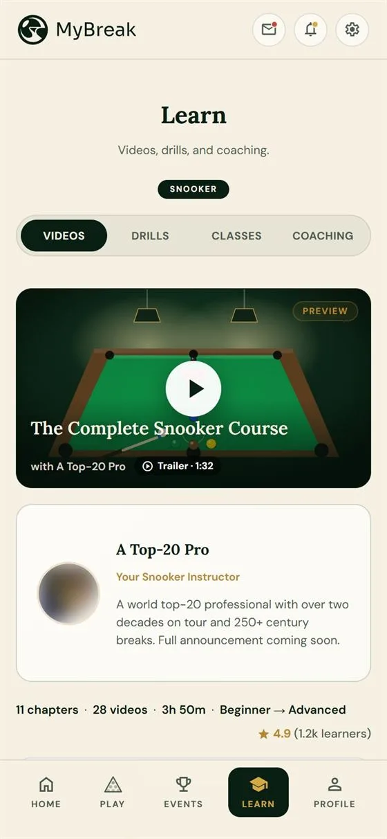 MyBreak app — Learn screen with pro coaching