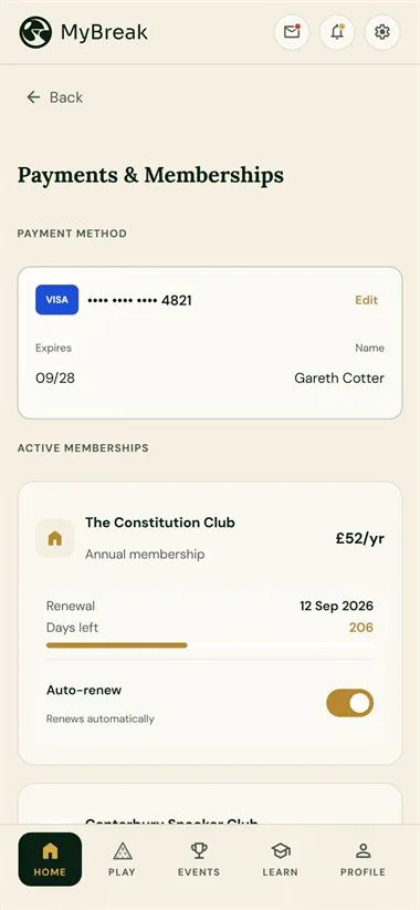 MyBreak app — payments and memberships with auto-renew