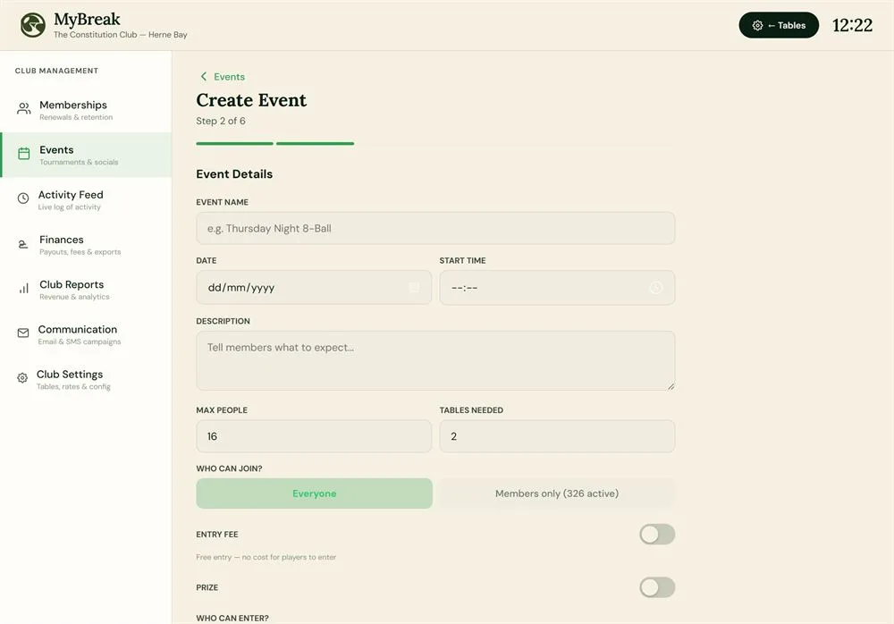 MyBreak club dashboard — creating an event that notifies every member