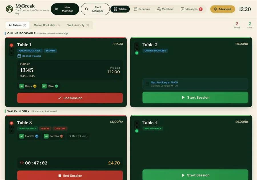 MyBreak club dashboard — live table management with traffic-light states