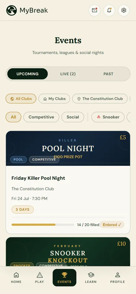 MyBreak app — Events screen with upcoming and live tournaments