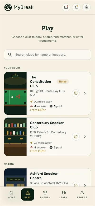 MyBreak player app — find nearby clubs, book a table, enter tournaments