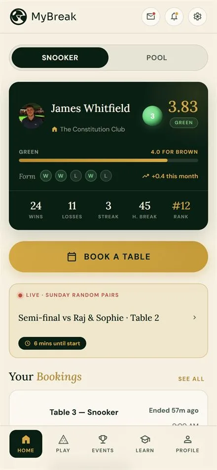 MyBreak player app — home screen with rating, form and bookings